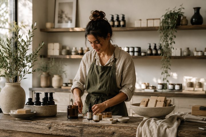 Artesana trabajando en su propio taller, rodeada de sus productos hechos a mano
