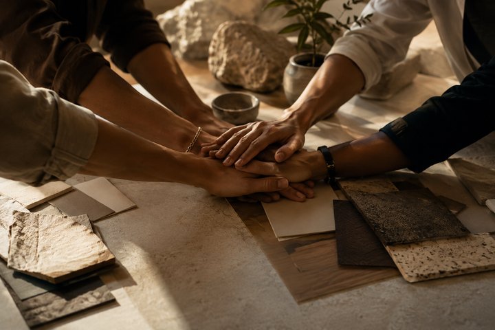 Manos uniéndose sobre una mesa con materiales y muestras de marca, símbolo de colaboración entre ORIGEN y sus aliados