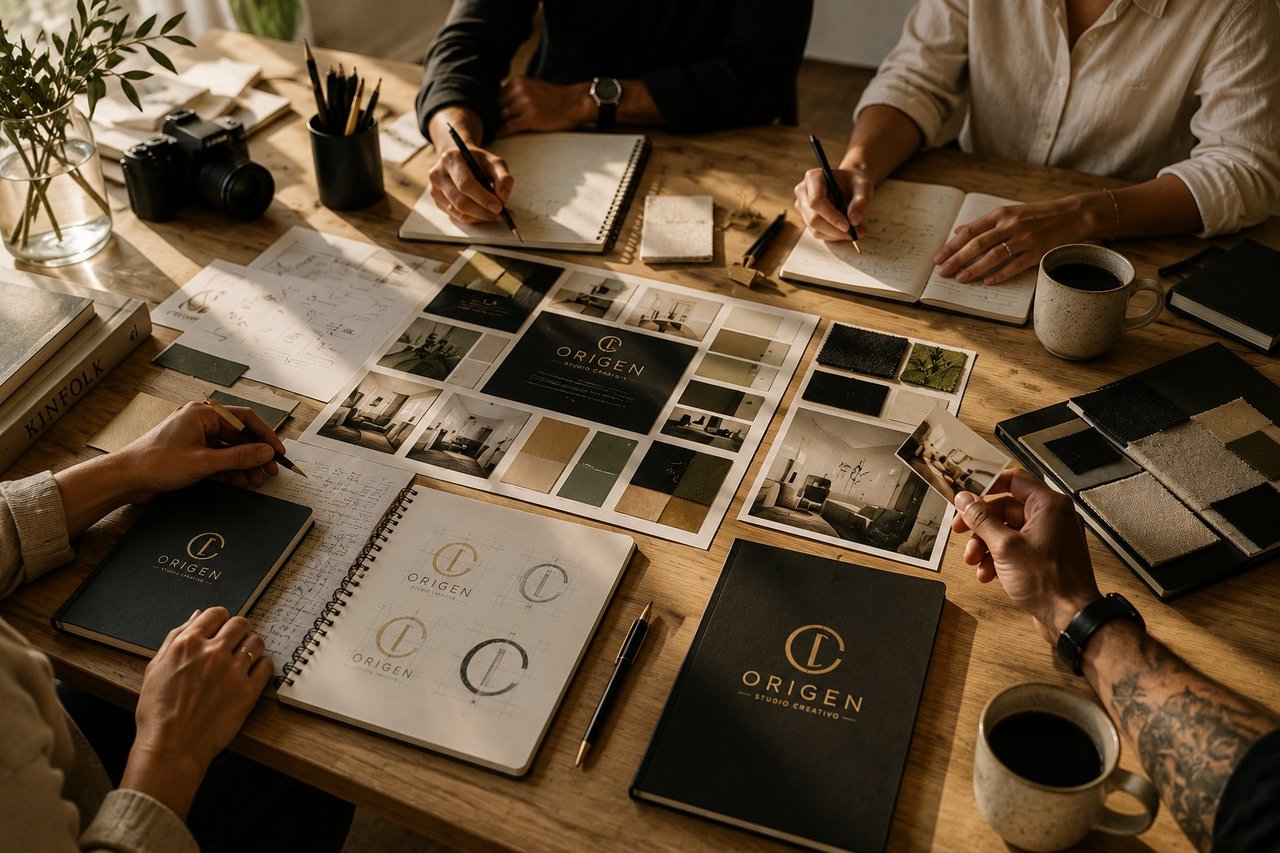 Personas colaborando alrededor de una mesa, construyendo una marca con propósito
