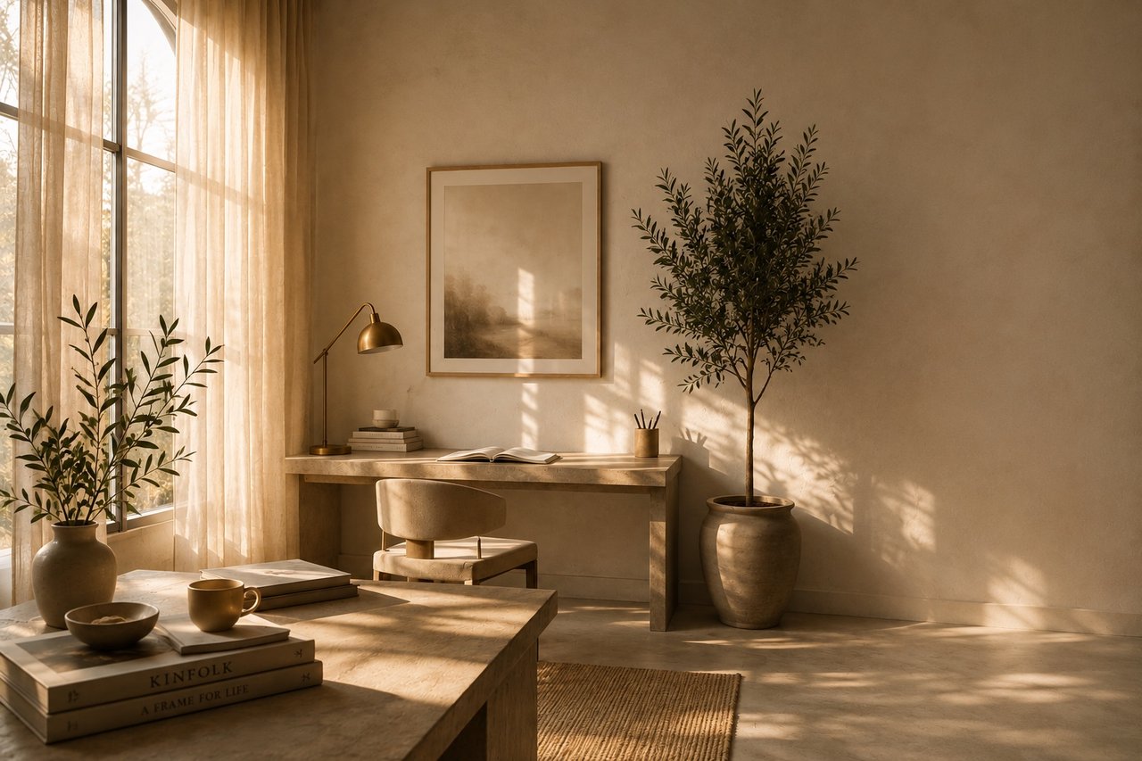 Espacio minimalista iluminado por luz cálida de amanecer, con materiales nobles y mucho aire