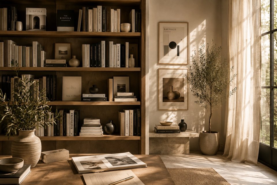 Biblioteca editorial con libros de diseño, branding y fotografía, iluminada por luz cálida