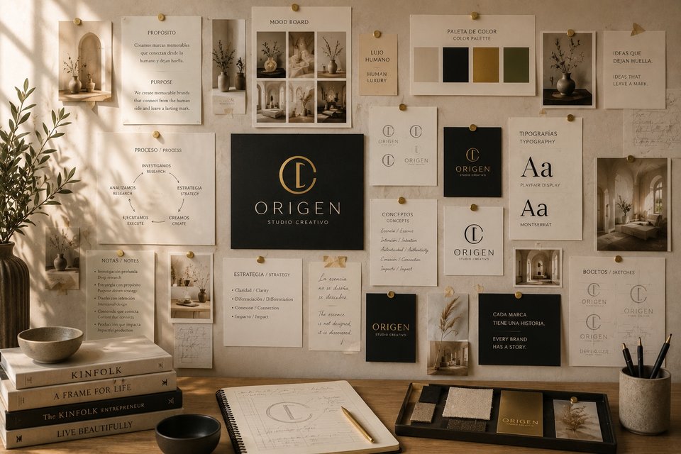 Mood board creativo con logotipos, paleta de color, tipografías, bocetos y notas de estrategia