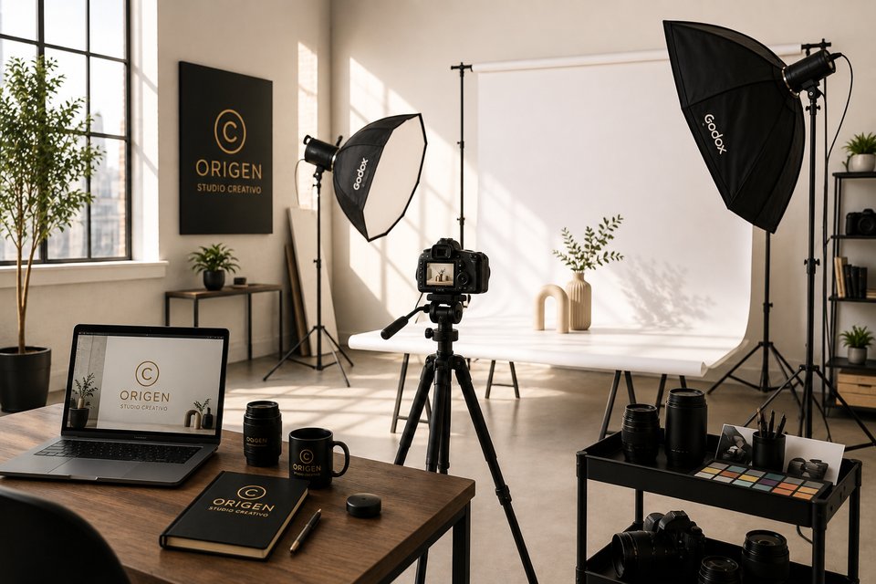 Estudio fotográfico profesional de ORIGEN, con equipo de iluminación y set preparado para una sesión de producto