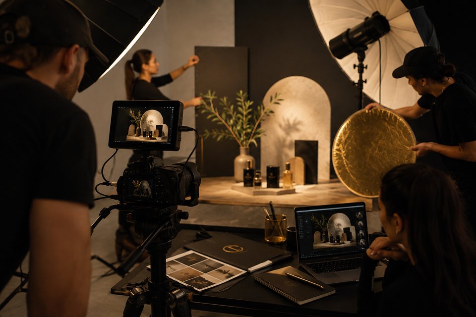 Producción audiovisual detrás de cámaras: equipo de ORIGEN en una sesión de foto de producto